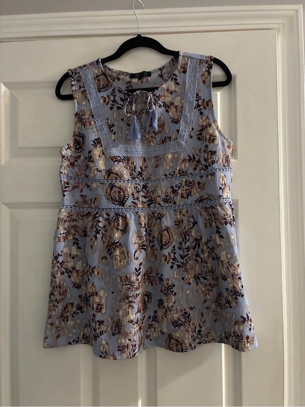 Frye Light Blue Floral Tassel Peplum Tank